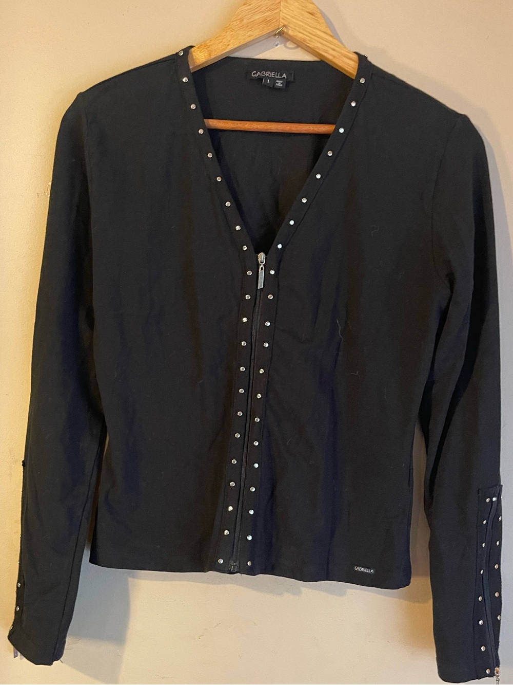 Gabriella Black Rhinestone Studded Zip Front Fitted Jacket Cardigan Sz S